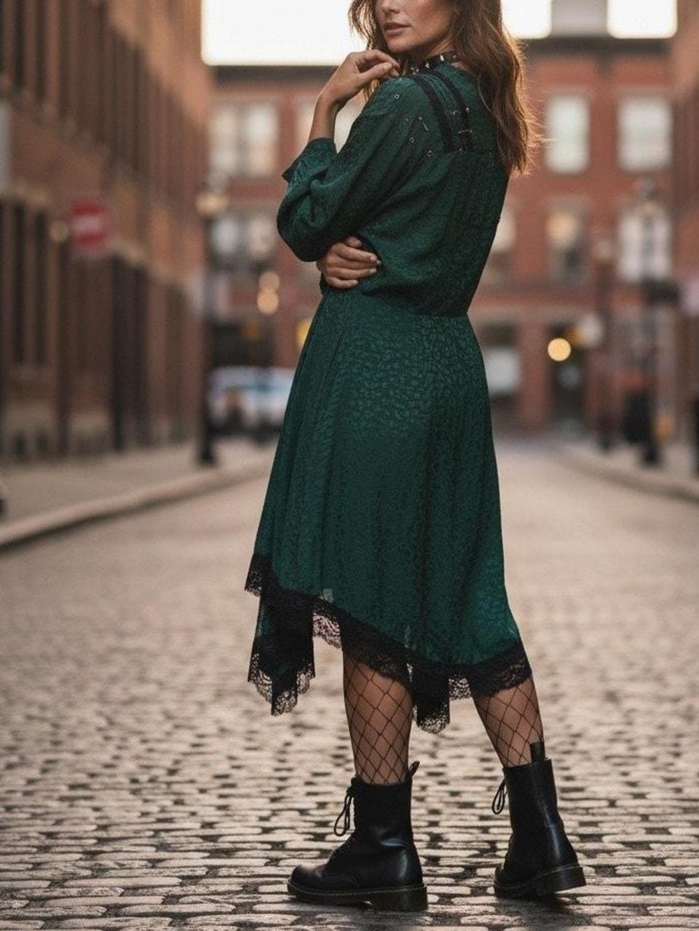 Koche Dark Green Lace-Trim Midi Dress